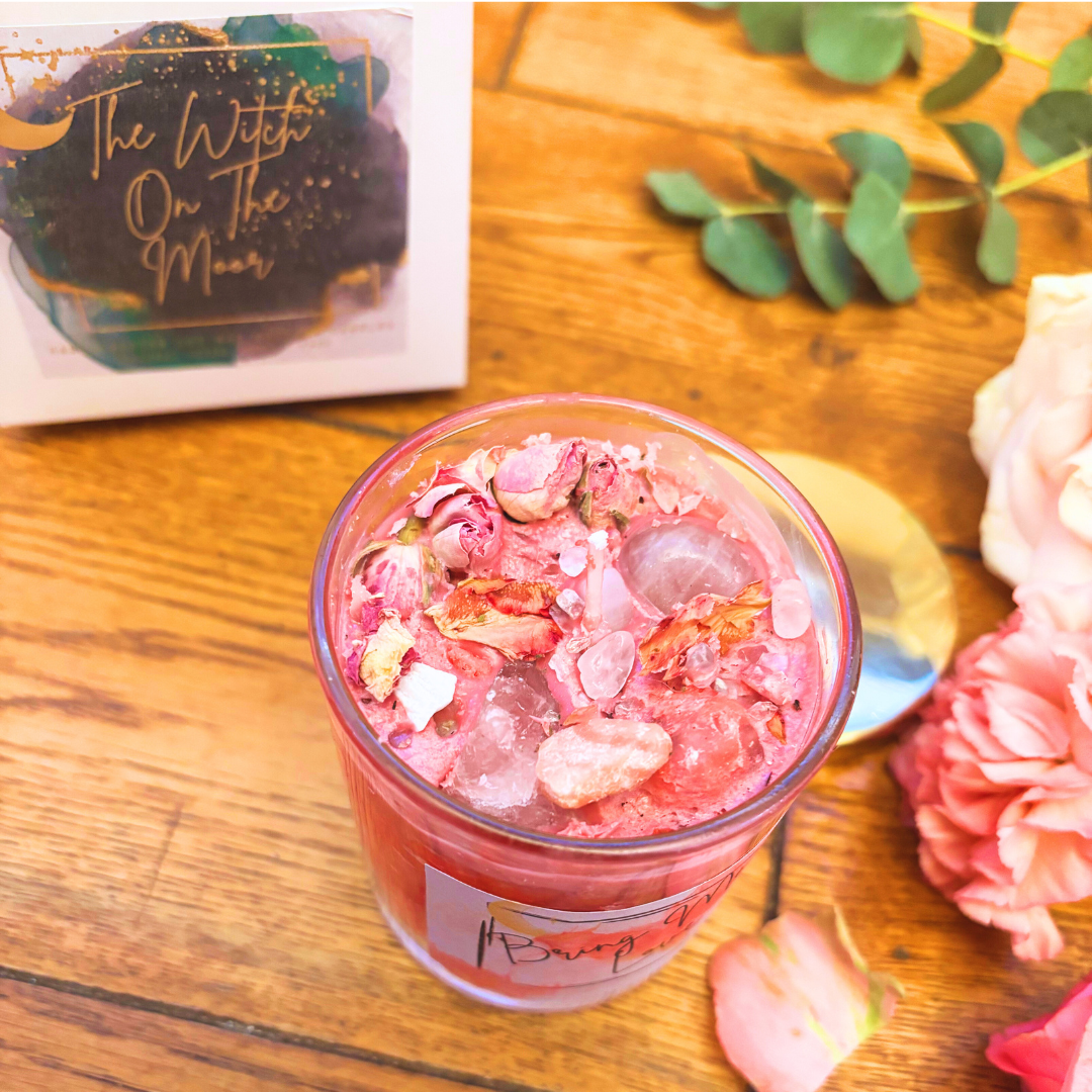 manifestation candle. Aromatherapy crystal candle,Rose Quartz & floral, citrus scent,Birthday Gift,mothers day gift, container candle wiccan