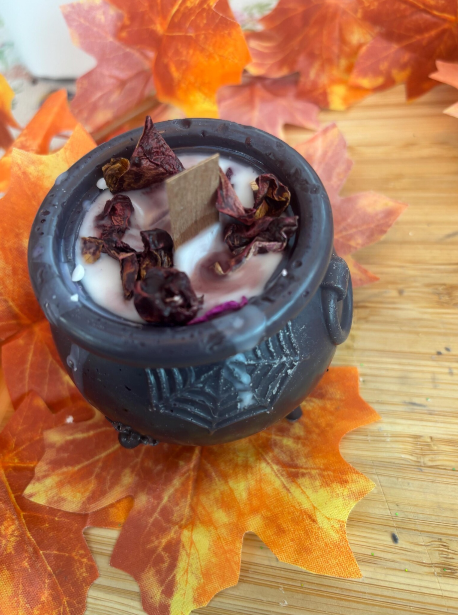 Black Rose Cauldron Candle: Witchy Autumn Decor, Crackling Wick