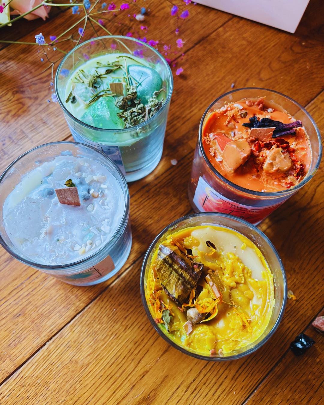 Container Candle set of 4 , Candles witchy, manifestation Candle Gift Idea. crystal candles lidded soy wax candle,WOODEN WICK Soy candles