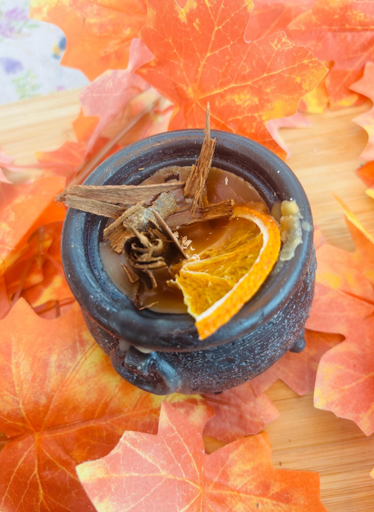 Cauldron candle, orange spice scent . Autumn Decoration | Fall Witchy halloween candle crackling wick