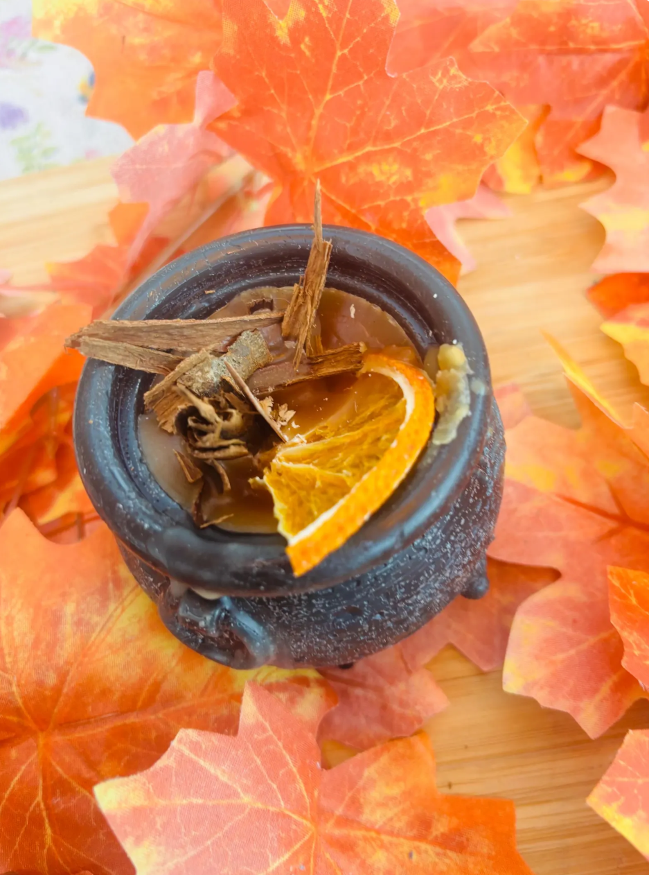 Cauldron candle, orange spice scent . Autumn Decoration | Fall Witchy halloween candle crackling wick
