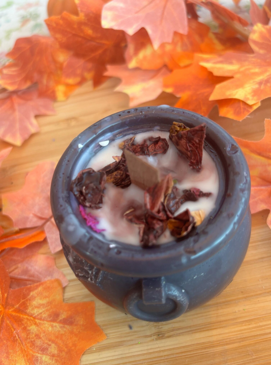 Black Rose Cauldron Candle: Witchy Autumn Decor, Crackling Wick