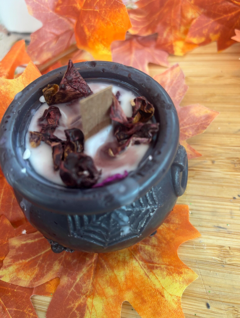 Black Rose Cauldron Candle: Witchy Autumn Decor, Crackling Wick