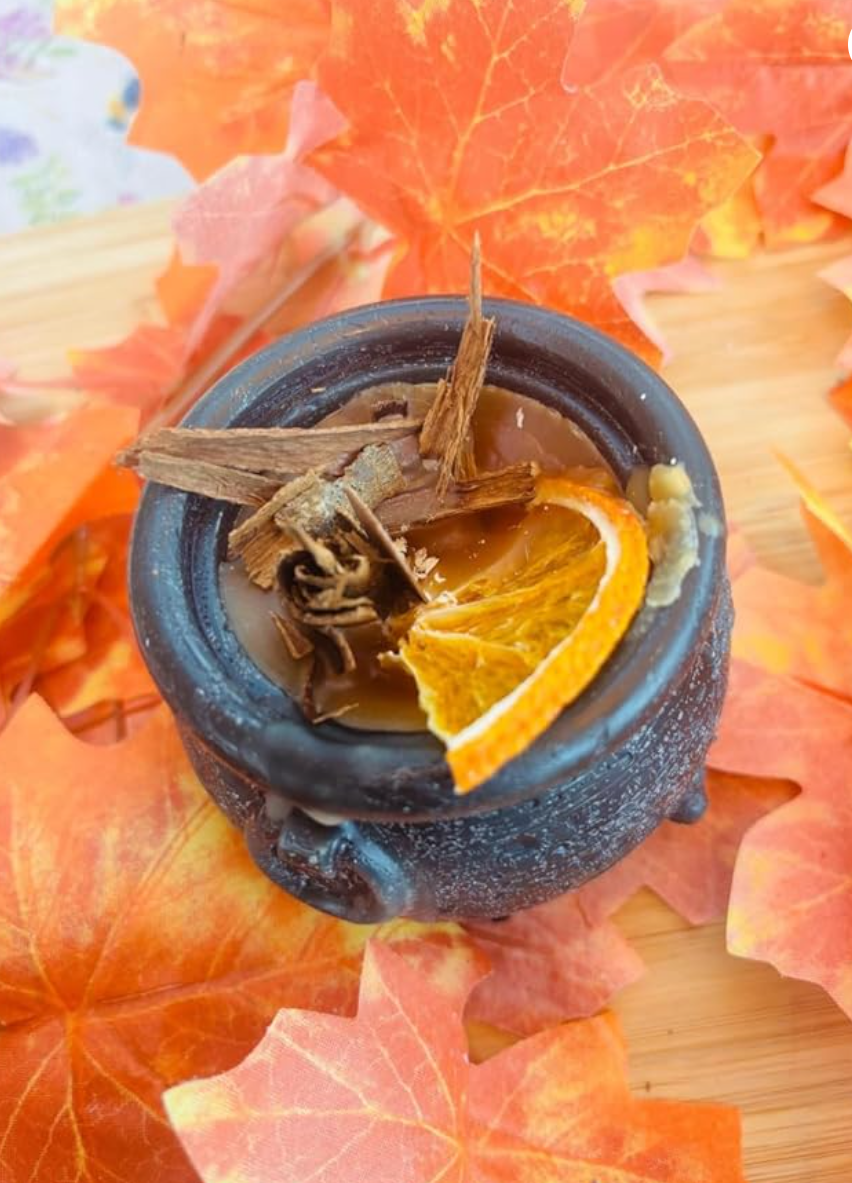Cauldron candle, orange spice scent . Autumn Decoration | Fall Witchy halloween candle crackling wick