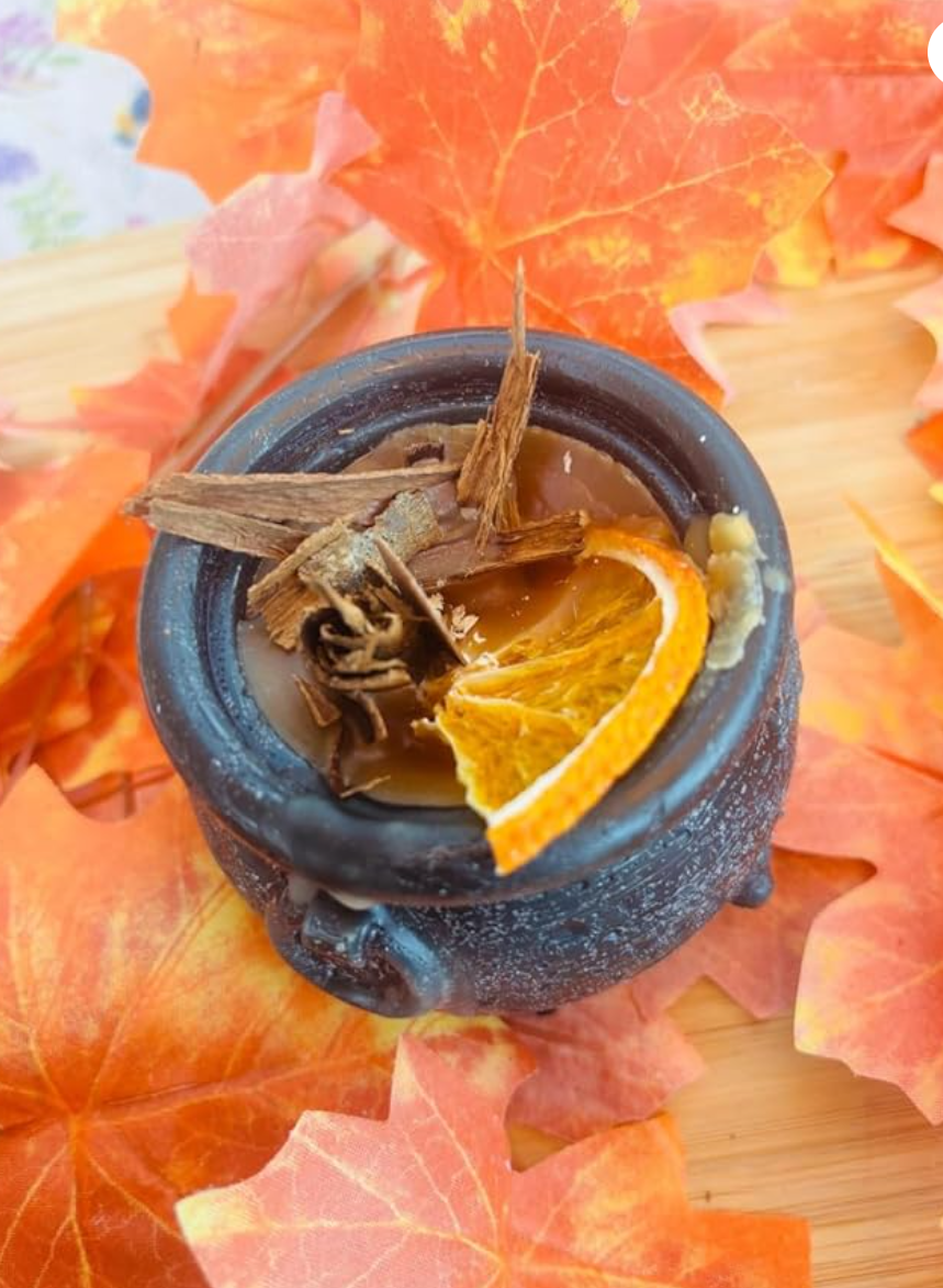 Cauldron candle, orange spice scent . Autumn Decoration | Fall Witchy halloween candle crackling wick