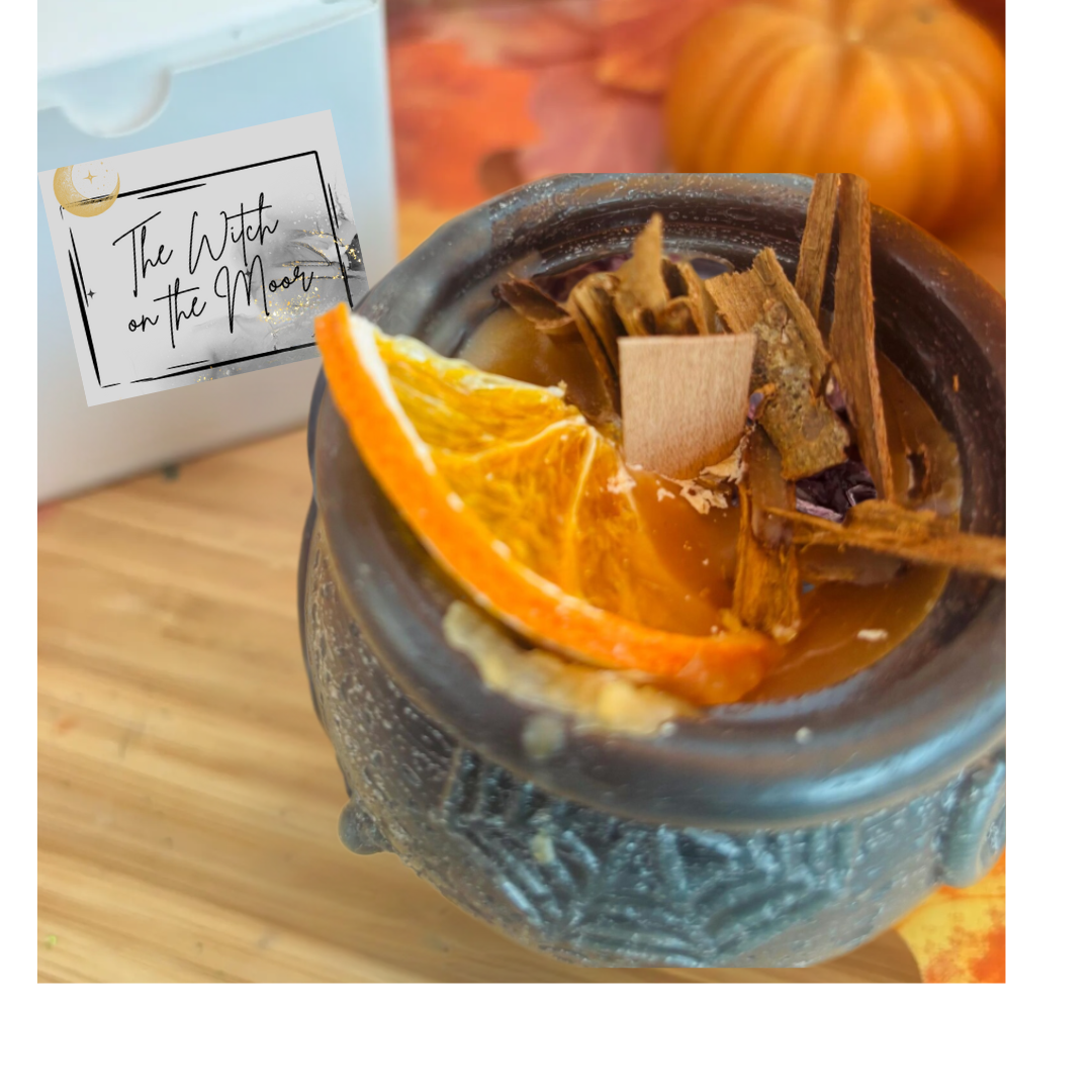 Cauldron candle, orange spice scent . Autumn Decoration | Fall Witchy halloween candle crackling wick